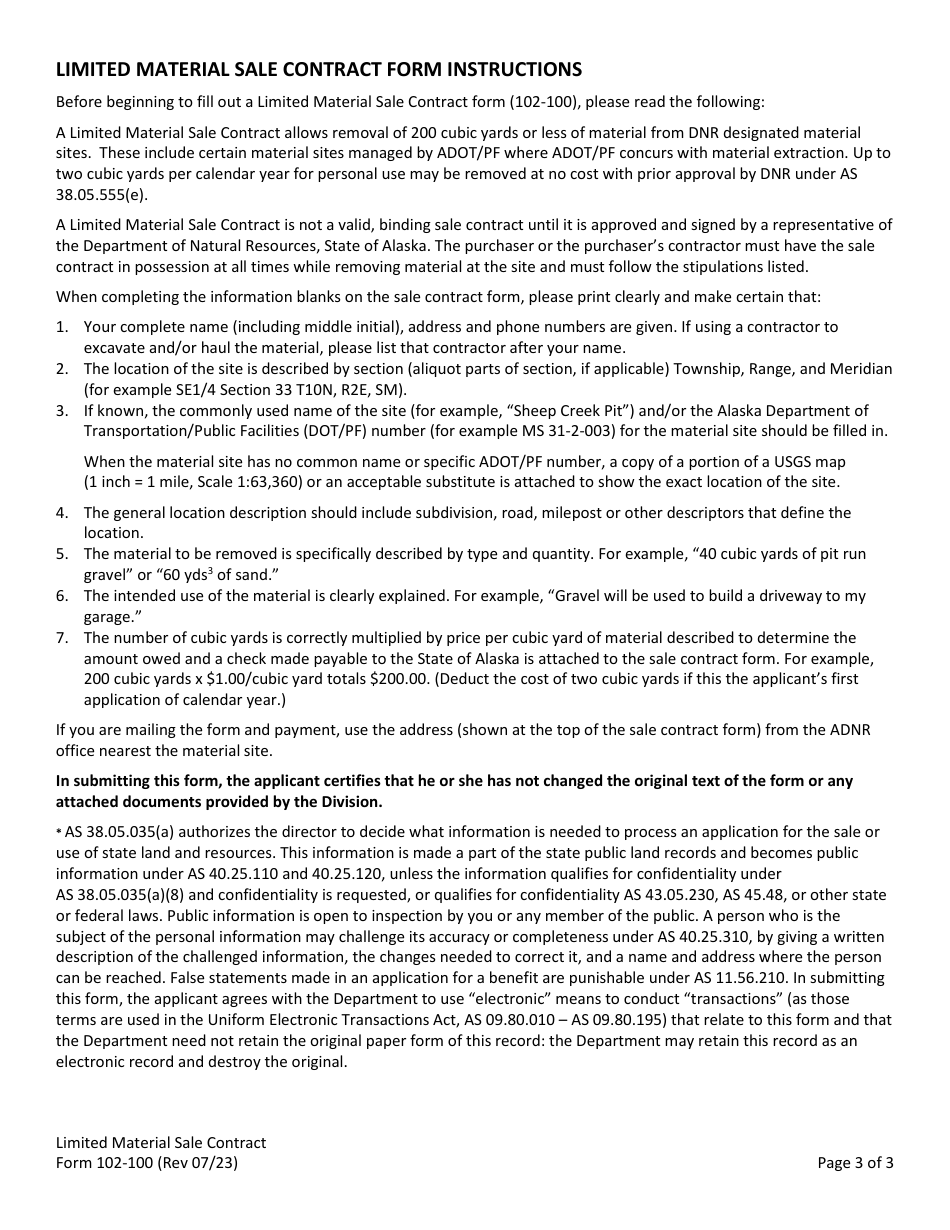 Form 102-100 Limited Material Sale Contract - Alaska, Page 3