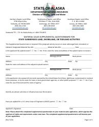 Document preview: Material Sales Supplemental Questionnaire for State Submerged Land, Shoreland, or Tideland Activities - Alaska