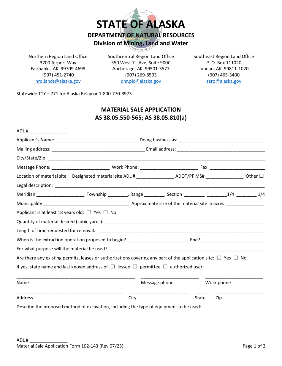 Form 102-143 Material Sale Application - Alaska, Page 1