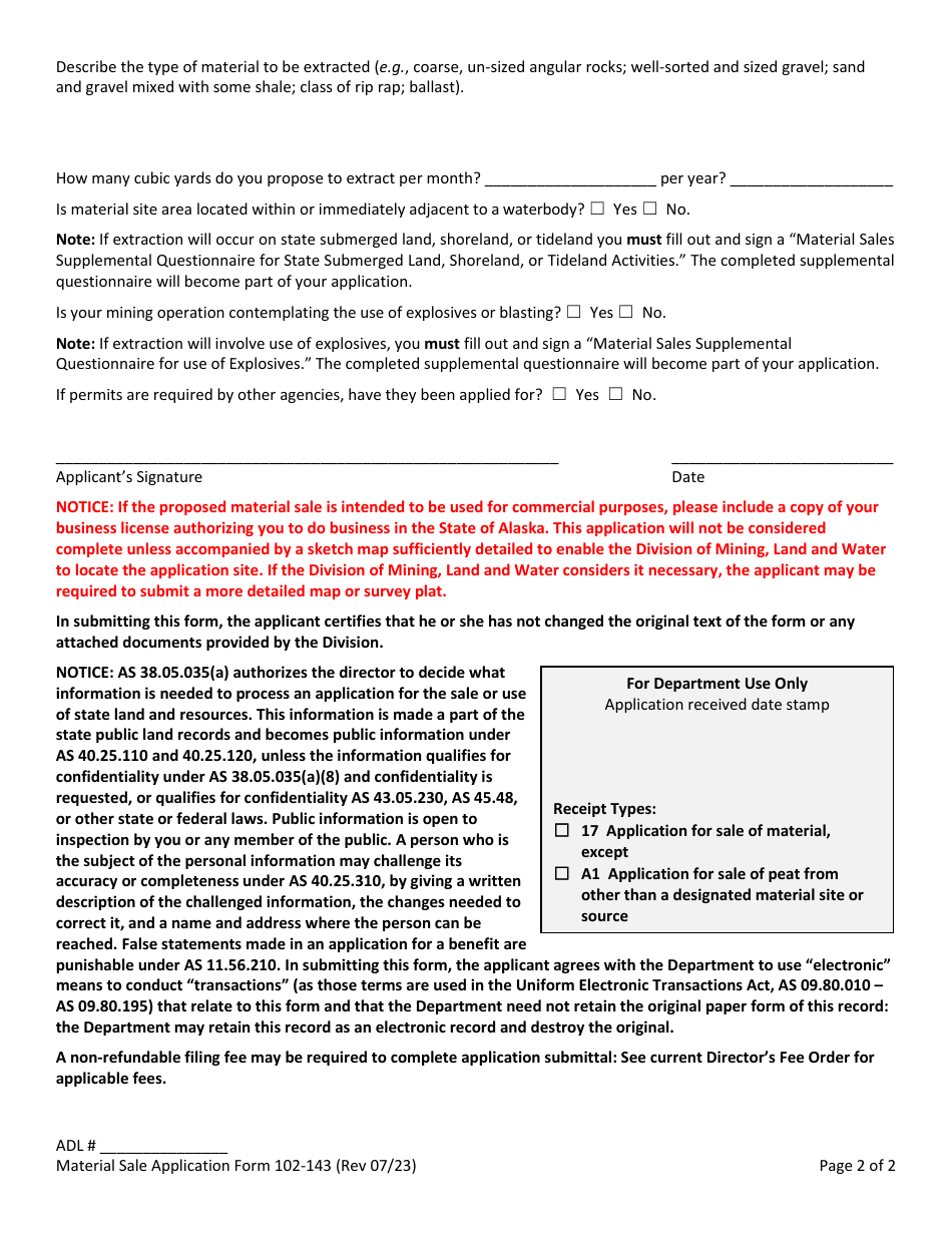 Form 102 143 Download Fillable Pdf Or Fill Online Material Sale Application Alaska Templateroller 8441