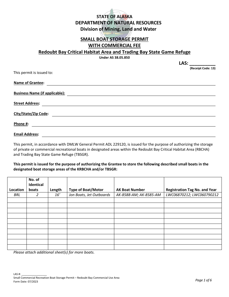 Small Boat Storage Permit With Commercial Fee - Redoubt Bay Critical Habitat Area and Trading Bay State Game Refuge - Alaska, Page 1