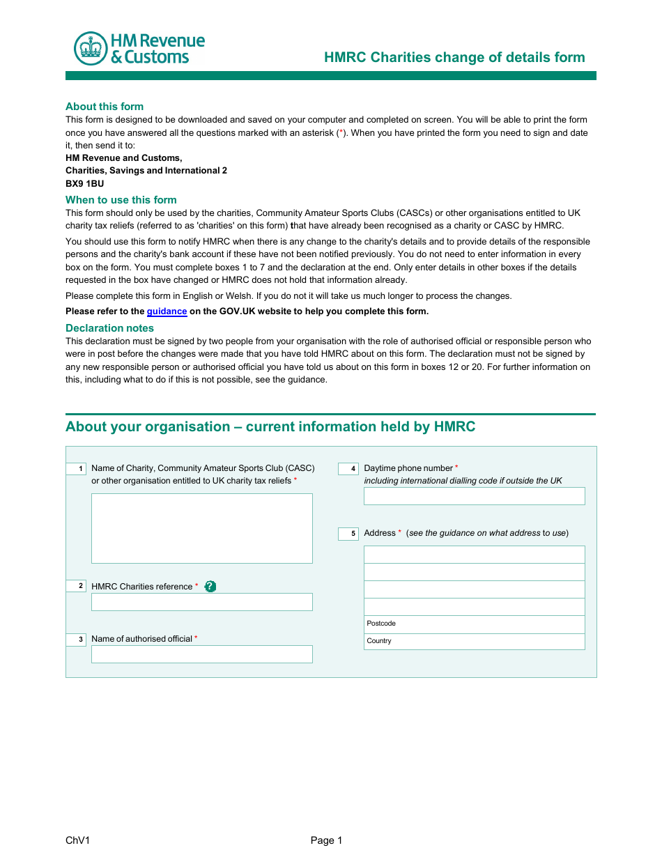 Form ChV1 Hmrc Charities Change of Details Form - United Kingdom, Page 1