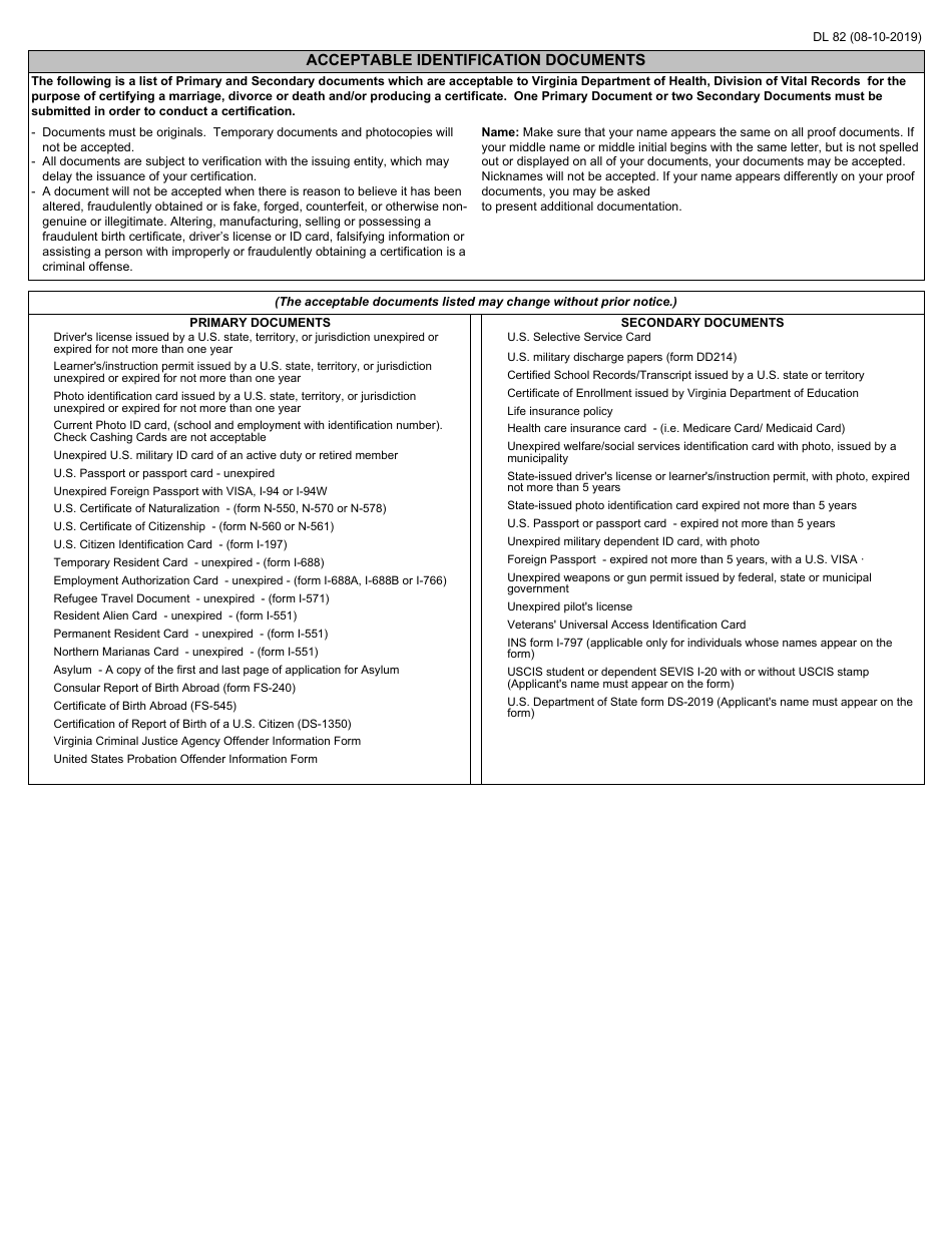 Form DL82 - Fill Out, Sign Online And Download Fillable PDF, Virginia ...