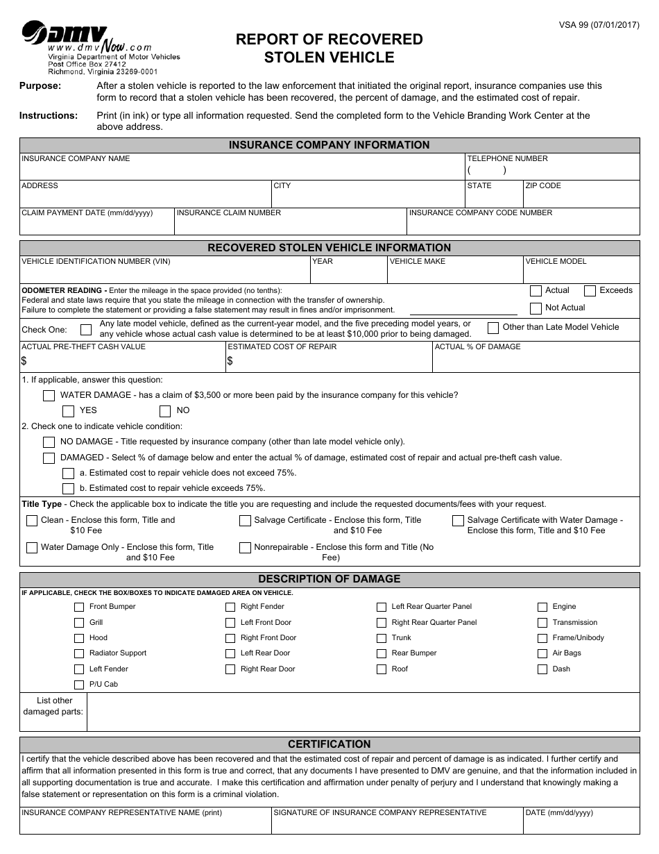 Form VSA99 Report of Recovered Stolen Vehicle - Virginia, Page 1