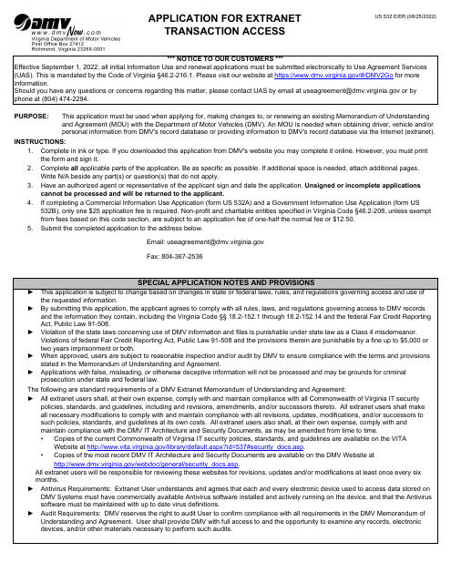 Form US532 E/ER Application for Extranet Transaction Access - Virginia