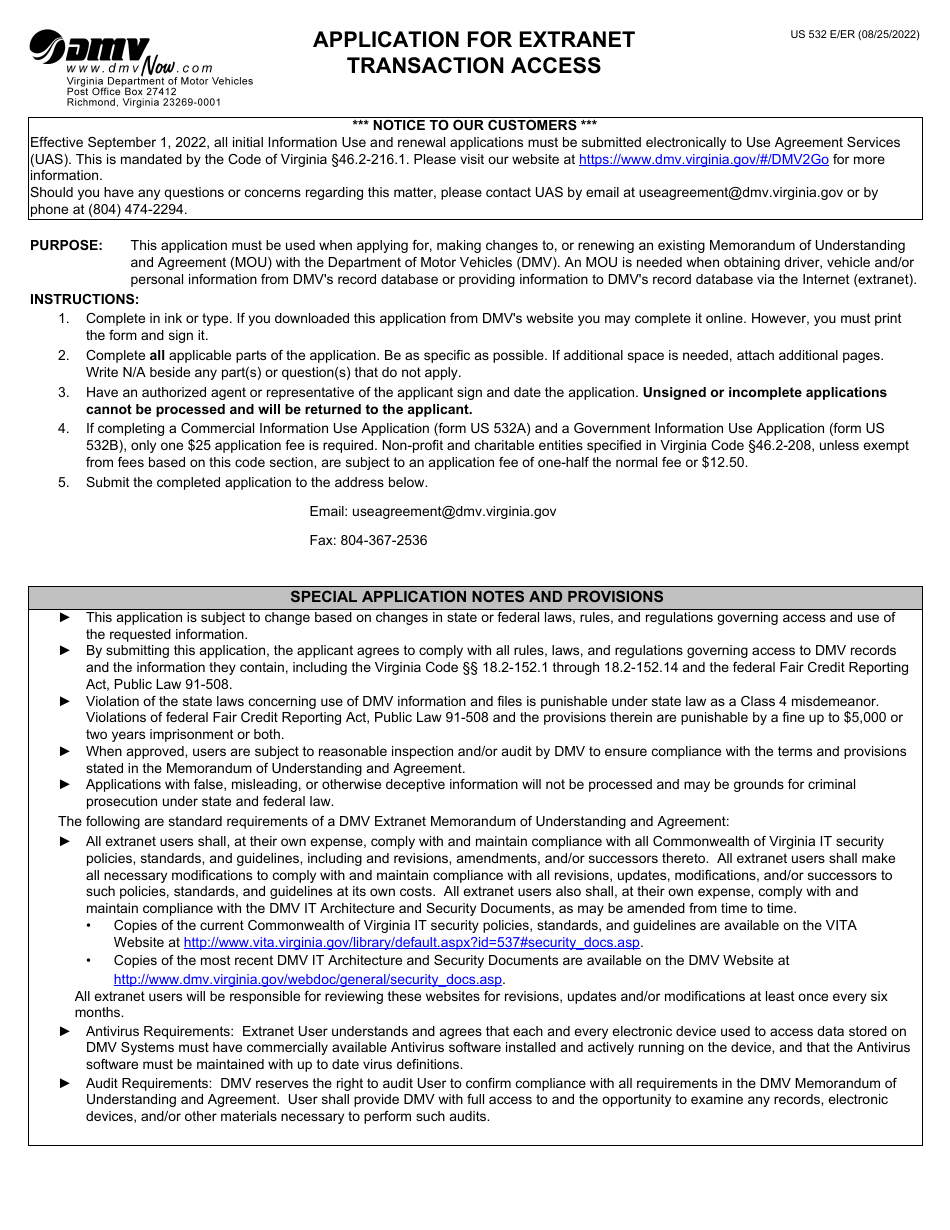 Form US532 E / ER Application for Extranet Transaction Access - Virginia, Page 1