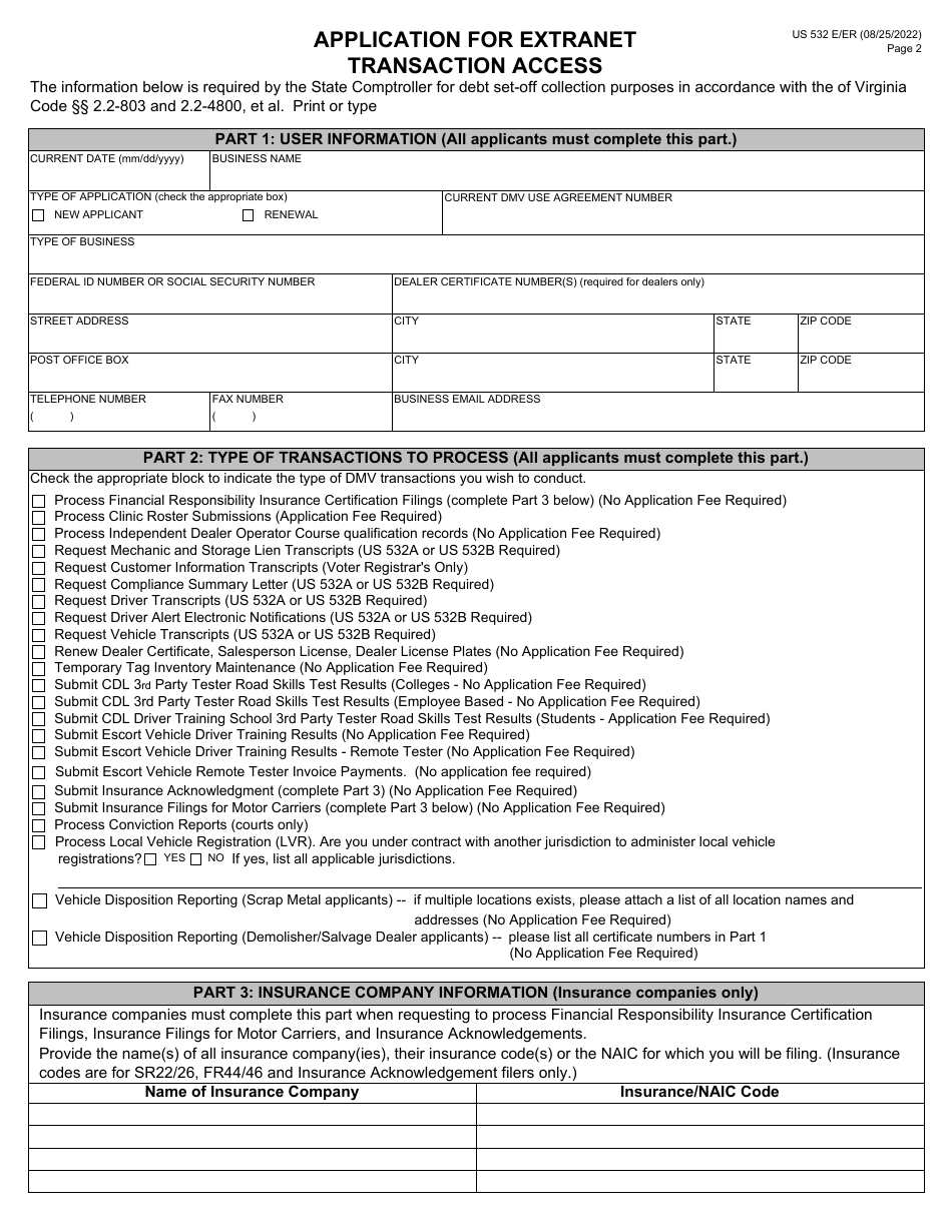 Form US532 E / ER Application for Extranet Transaction Access - Virginia, Page 2