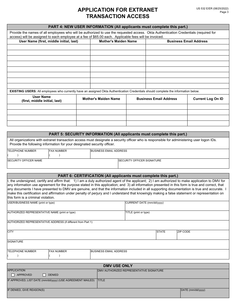 Form US532 E / ER Application for Extranet Transaction Access - Virginia, Page 3