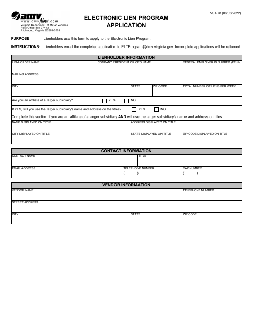 Form VSA78 Electronic Lien Program Application - Virginia