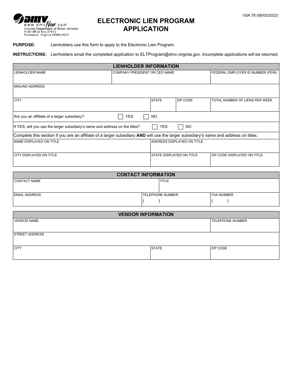 Form VSA78 Electronic Lien Program Application - Virginia, Page 1