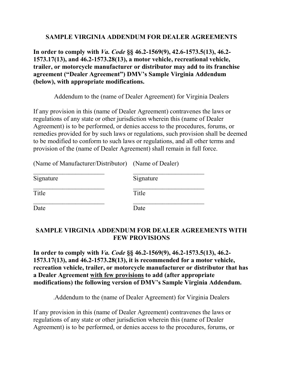 Sample Virginia Addendum for Dealer Agreement / Agreements With Few Provision - Virginia, Page 1