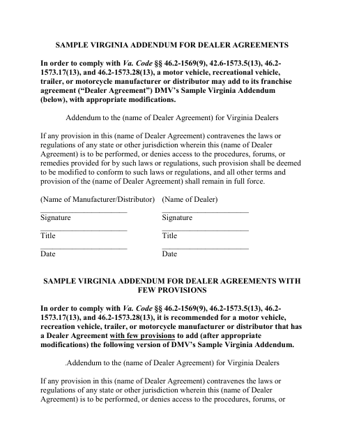 Sample Virginia Addendum for Dealer Agreement / Agreements With Few Provision - Virginia Download Pdf