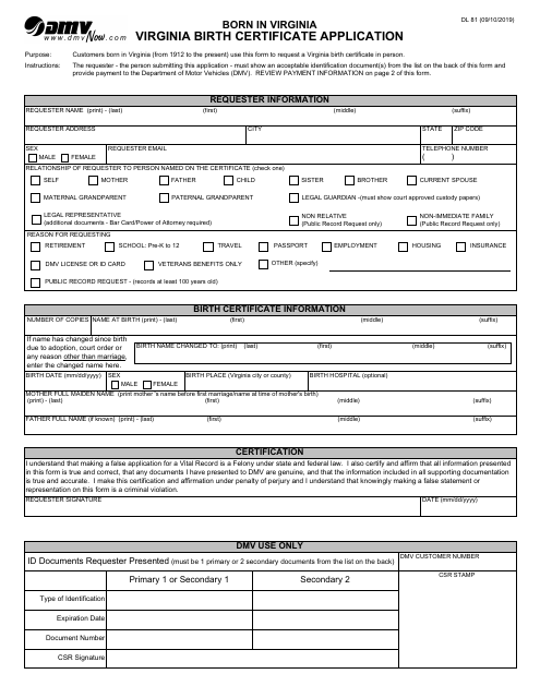 Form DL81 Virginia Birth Certificate Application - Virginia