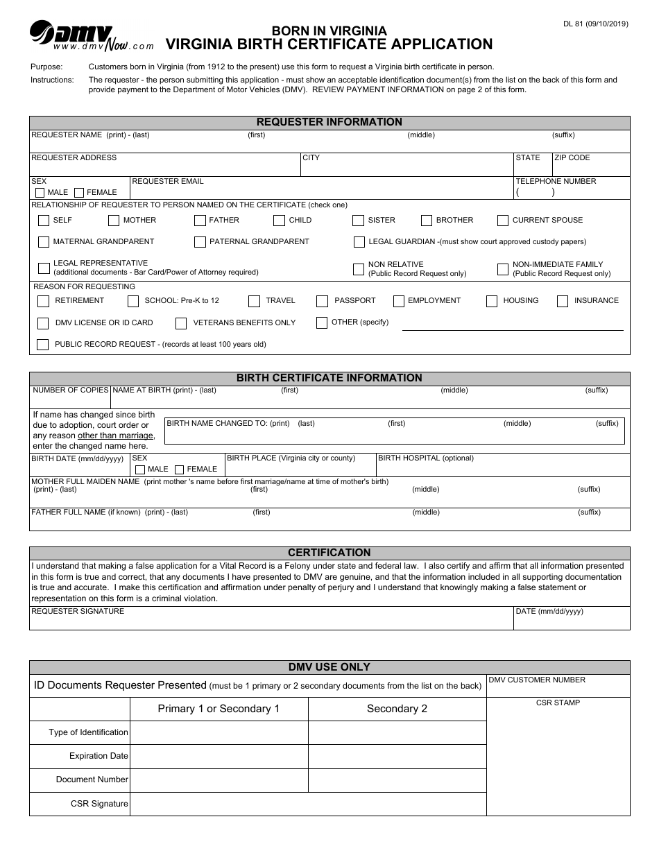 Form DL81 Virginia Birth Certificate Application - Virginia, Page 1
