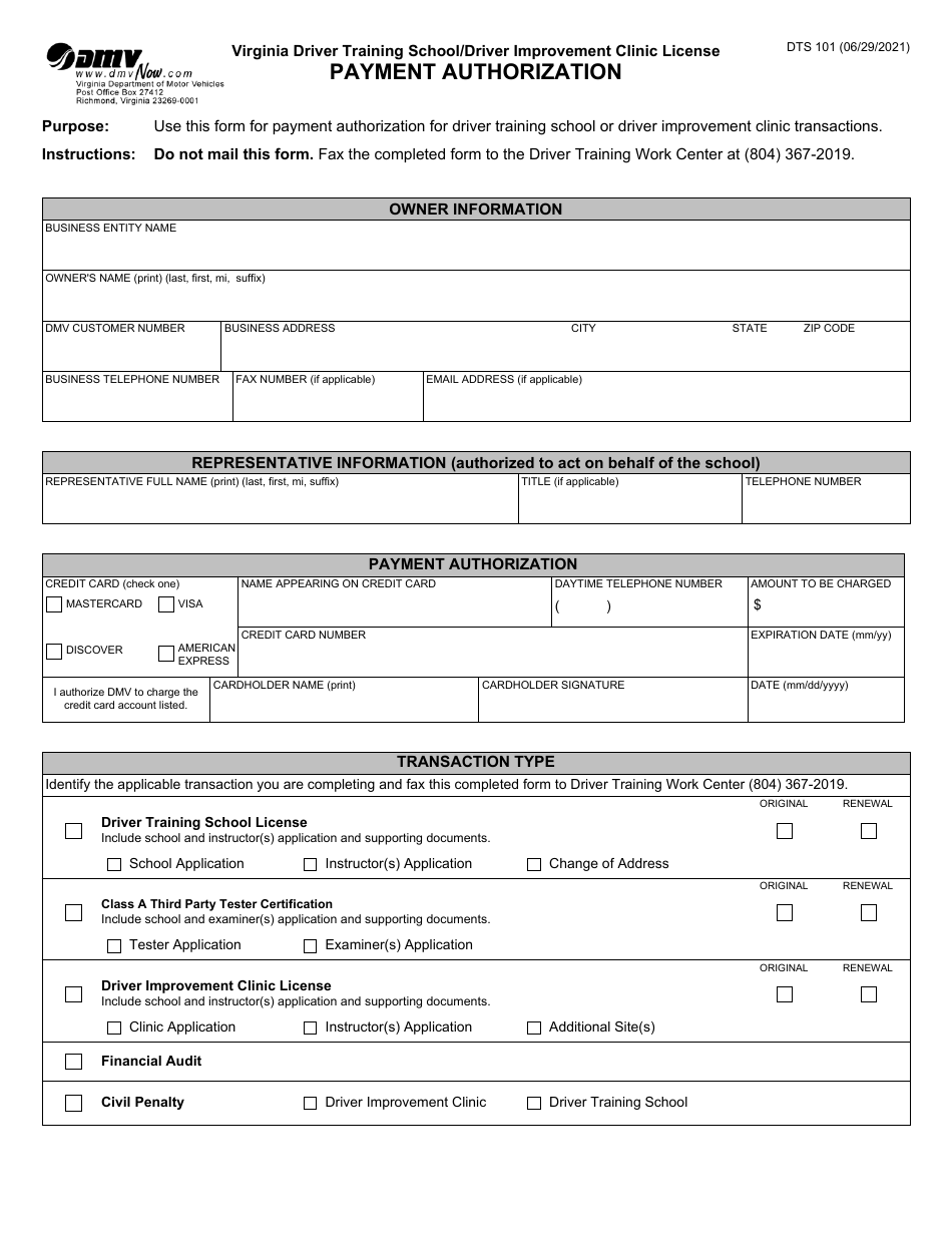 Form DTS101 Virginia Driver Training School / Driver Improvement Clinic License Payment Authorization - Virginia, Page 1