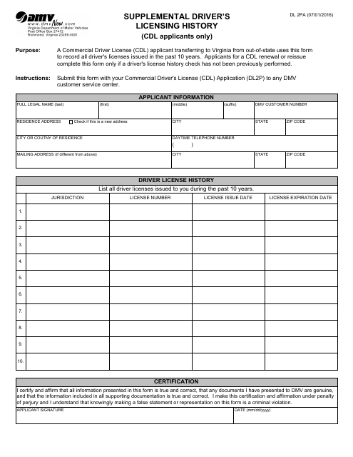 Form DL2PA Supplemental Driver's Licensing History (For Cdl Applicants) - Virginia