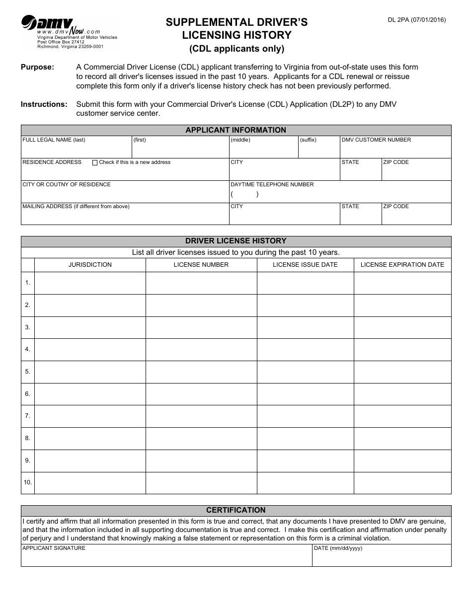 Form DL2PA Supplemental Drivers Licensing History (For Cdl Applicants) - Virginia, Page 1