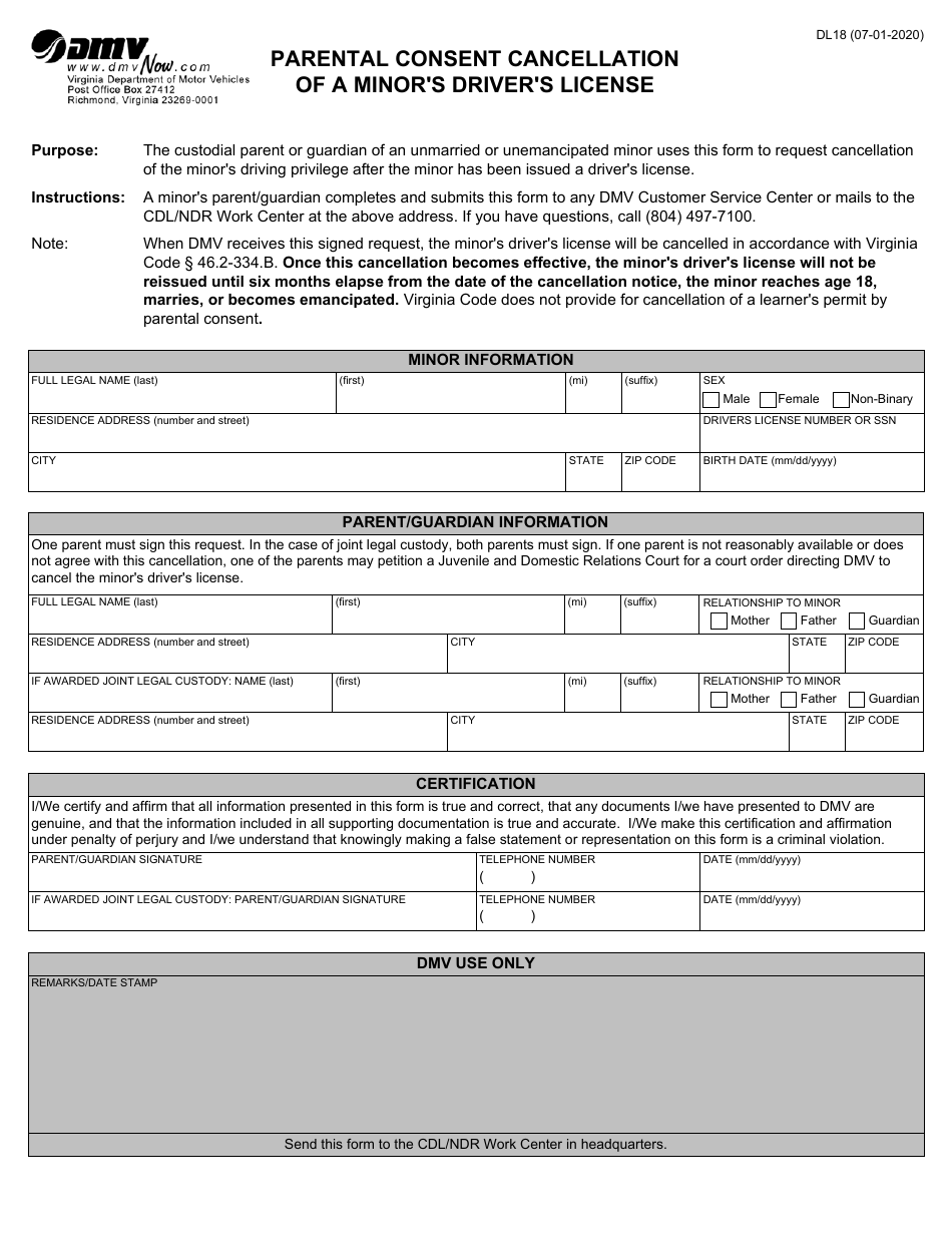 Form DL18 Parental Consent Cancellation of a Minors Drivers License - Virginia, Page 1