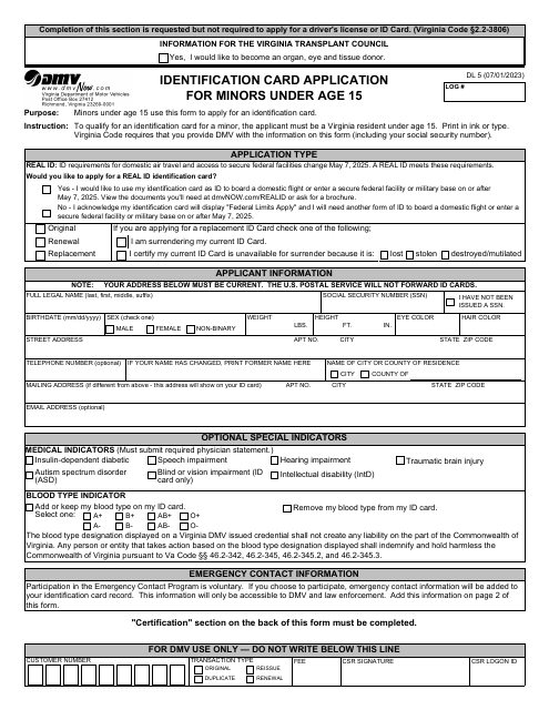 Form DL5 Identification Card Application for Minors Under Age 15 - Virginia