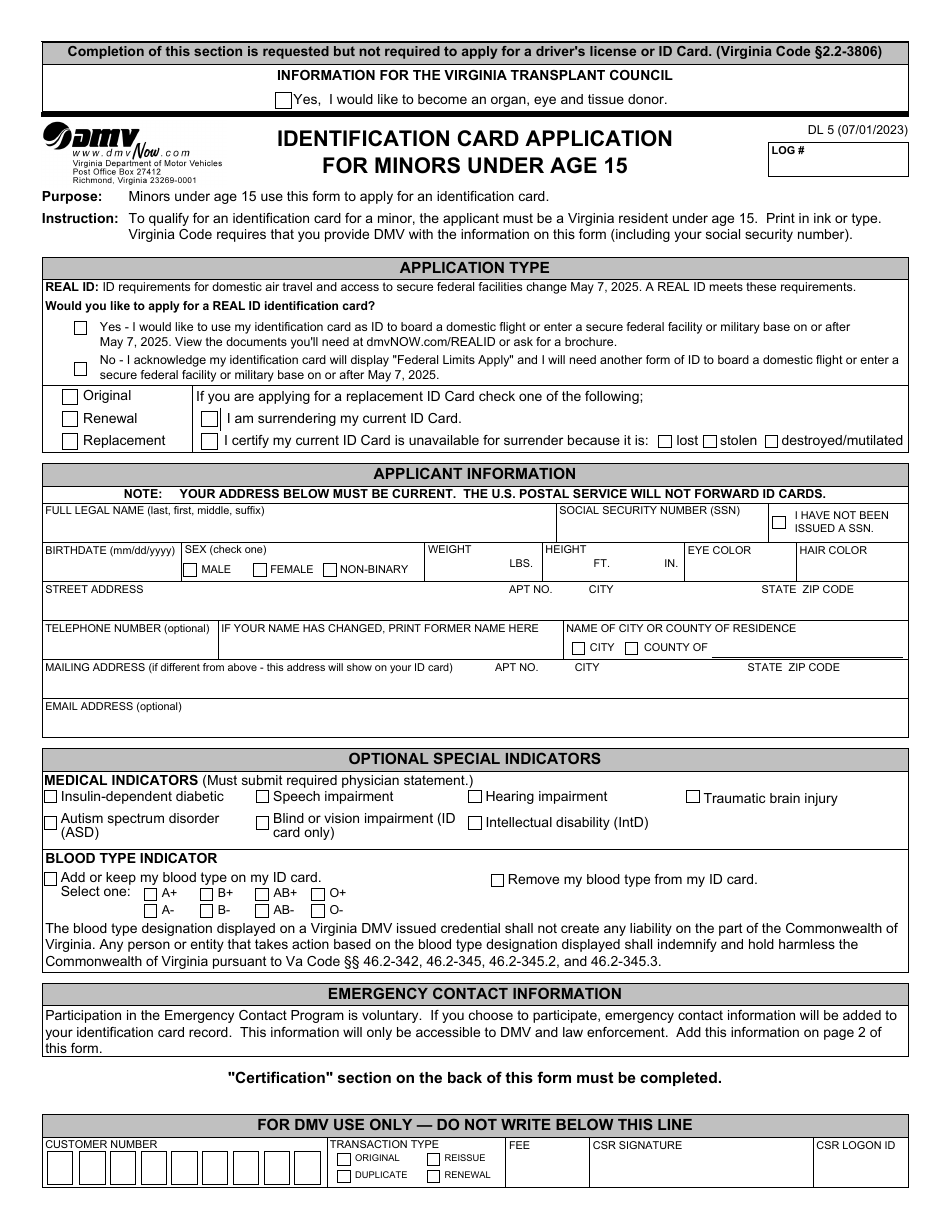 Form DL5 Download Fillable PDF or Fill Online Identification Card ...