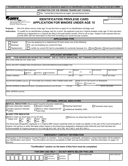 Form DL23 Identification Privilege Card Application for Minors Under Age 15 - Virginia