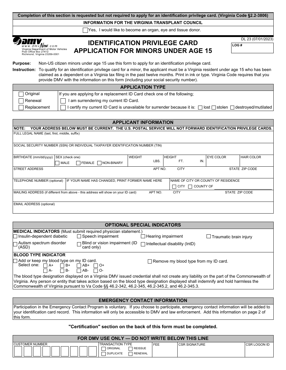 Form DL23 Identification Privilege Card Application for Minors Under Age 15 - Virginia, Page 1