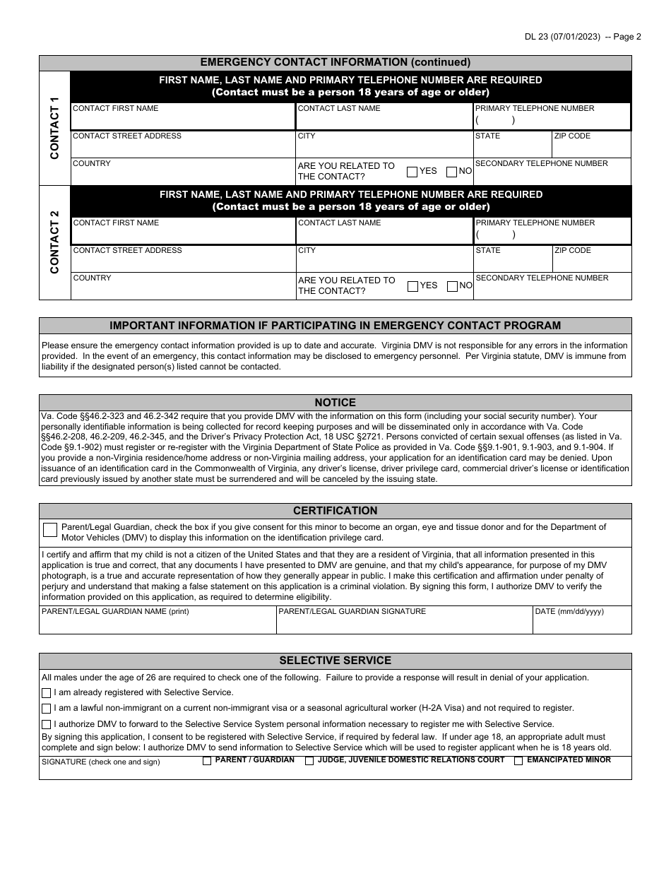 Form DL23 Identification Privilege Card Application for Minors Under Age 15 - Virginia, Page 2