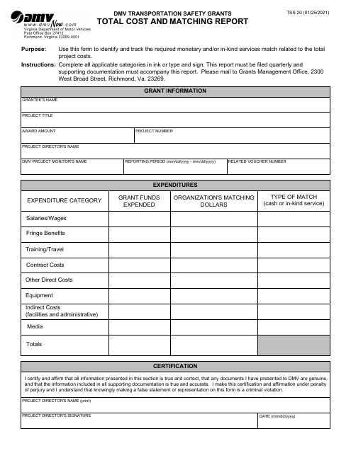 Form TSS20 Total Cost and Matching Report (Safety Grants) - Virginia