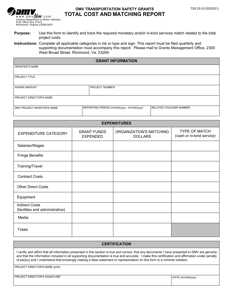 Form TSS20 Total Cost and Matching Report (Safety Grants) - Virginia, Page 1