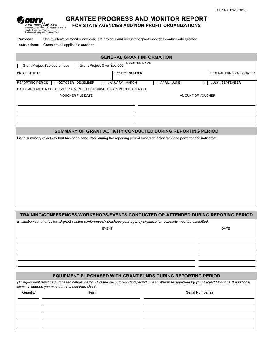Form TSS14B Grantee Progress and Monitor Report for State Agencies and Non-profit Organizations - Virginia, Page 1