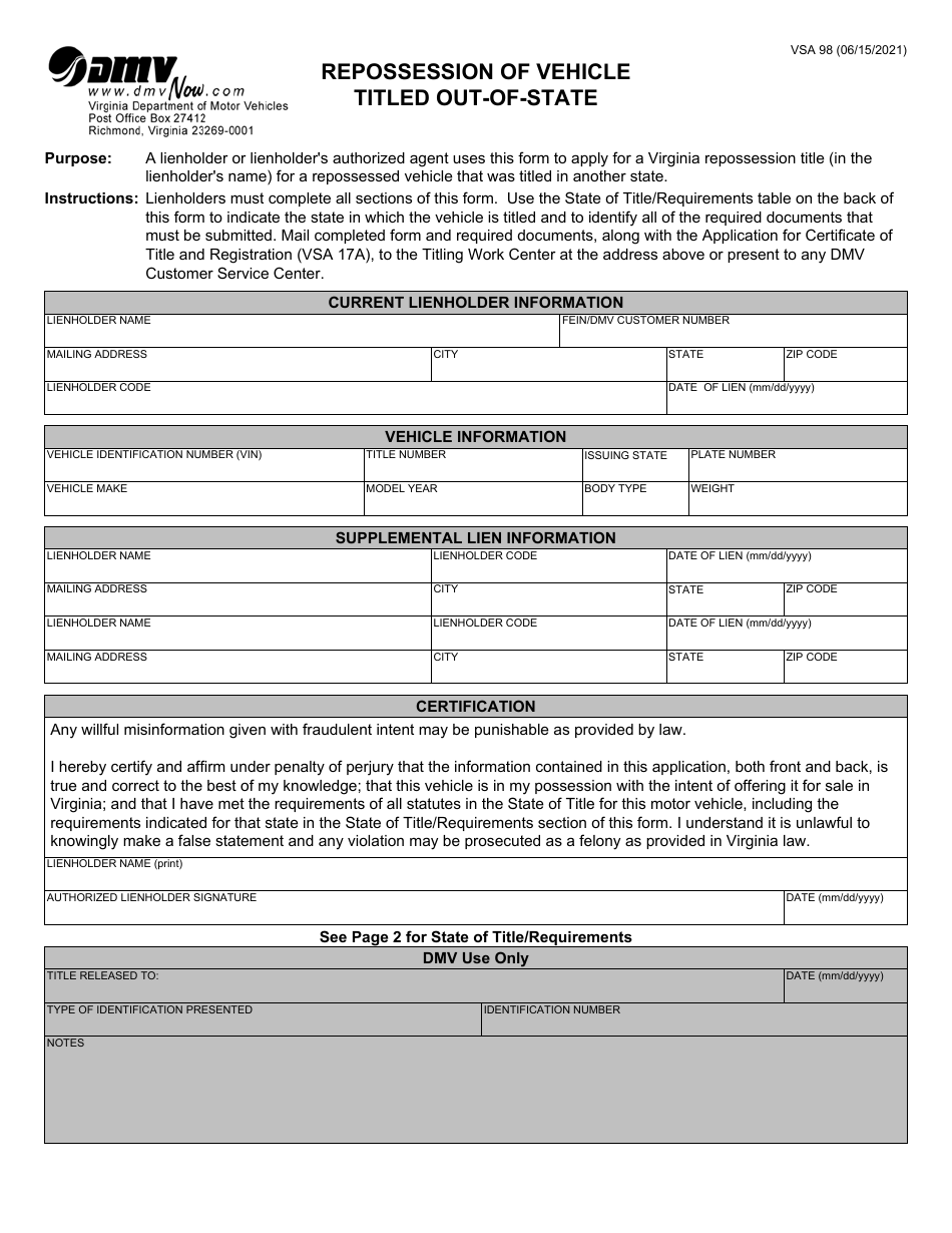 Form VSA98 Repossession of Vehicles Titled out-Of-State - Virginia, Page 1