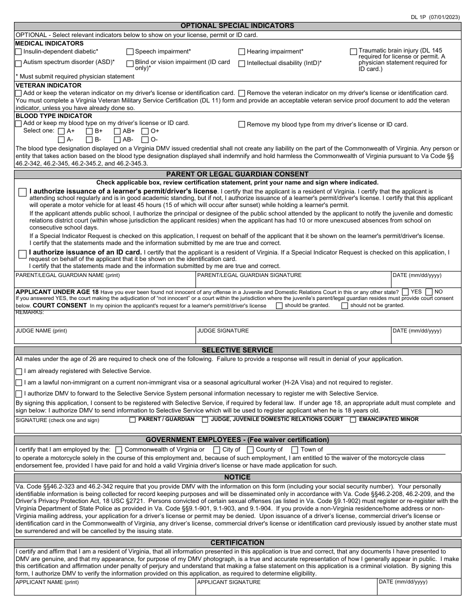 Form DL1P Drivers License and Identification Card Application - Virginia, Page 2