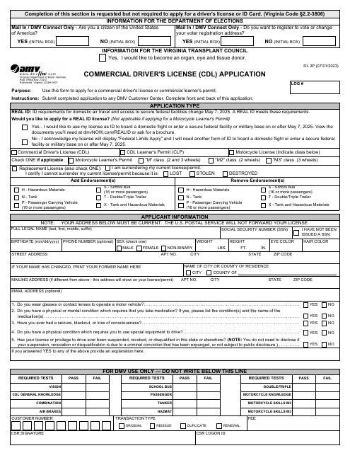 Form DL2P Commercial Driver's License (Cdl) Application - Virginia