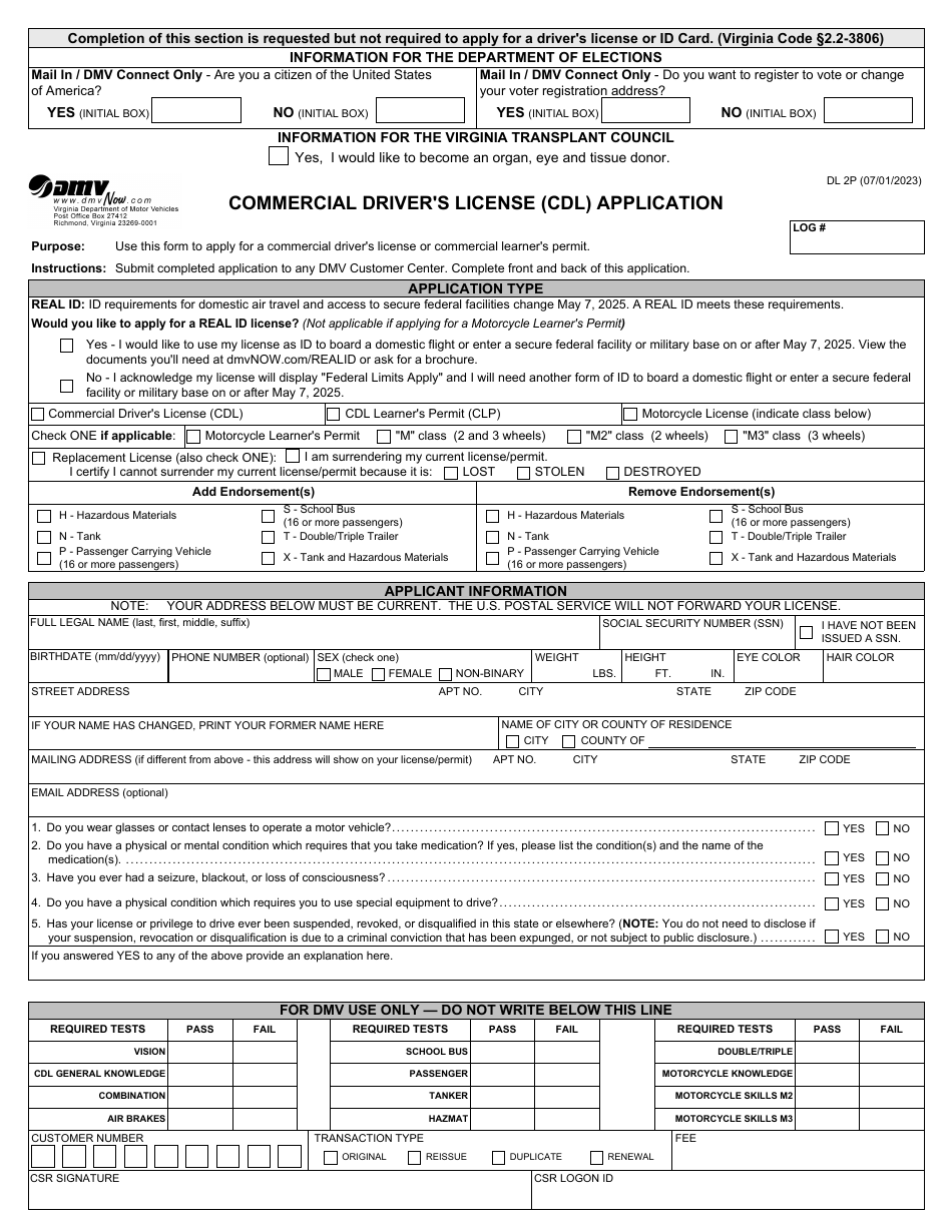 Form DL2P Commercial Drivers License (Cdl) Application - Virginia, Page 1