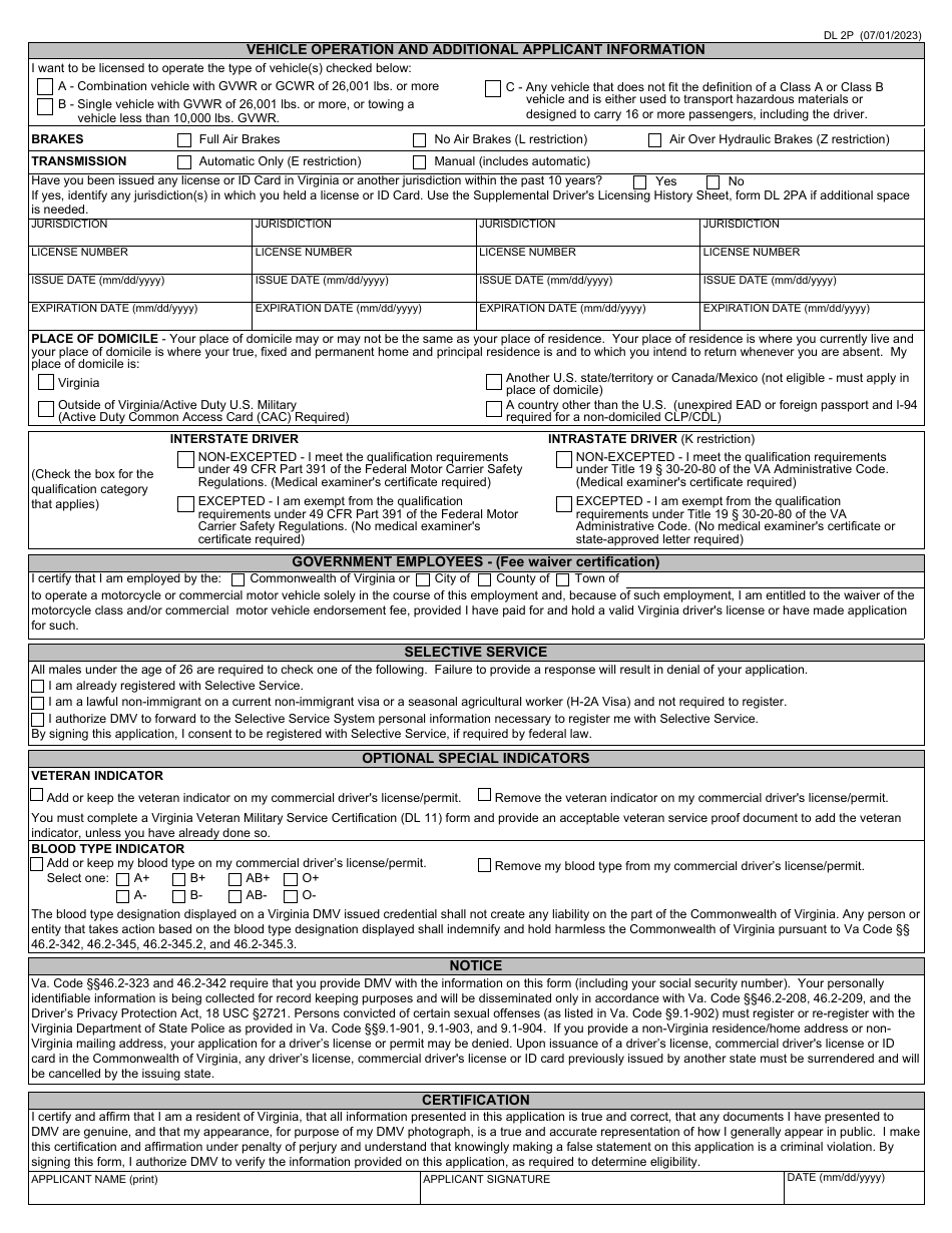 Form DL2P Commercial Drivers License (Cdl) Application - Virginia, Page 2
