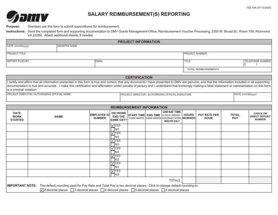 Form TSS15A Salary Reimbursement(S) Reporting - Virginia, Page 1