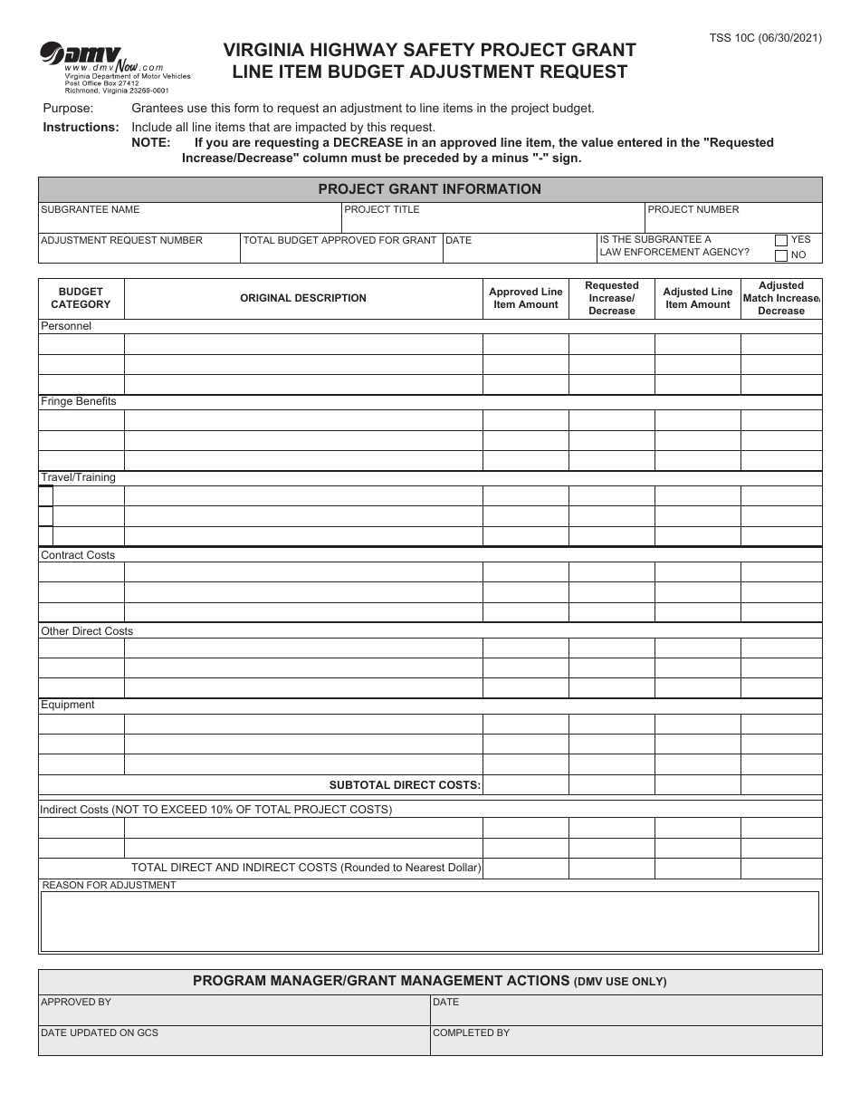 Form TSS10C Virginia Highway Safety Project Grant Line Item Budget Adjustment Request - Virginia, Page 1