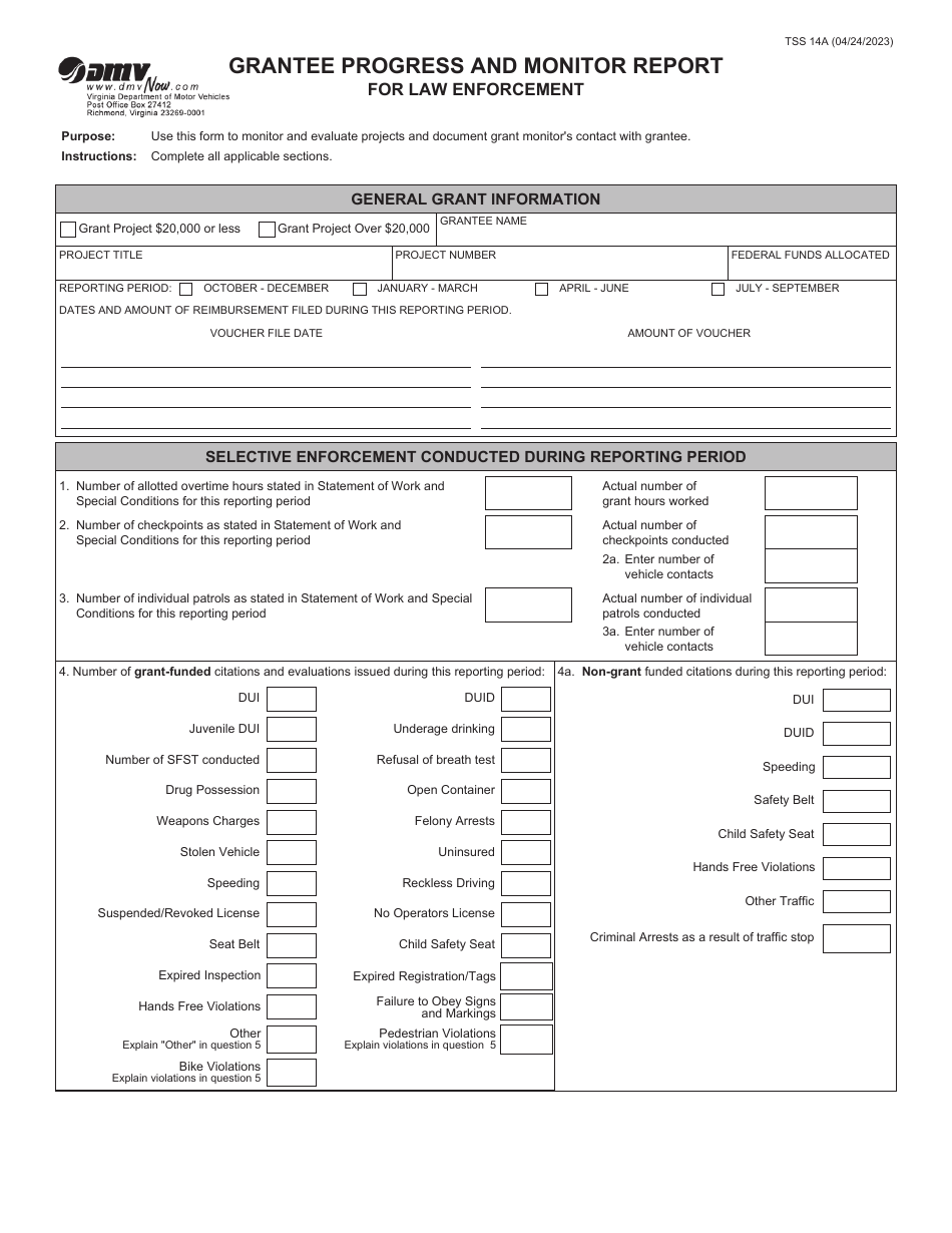 Form TSS14A Grantee Progress and Monitor Report for Law Enforcement - Virginia, Page 1