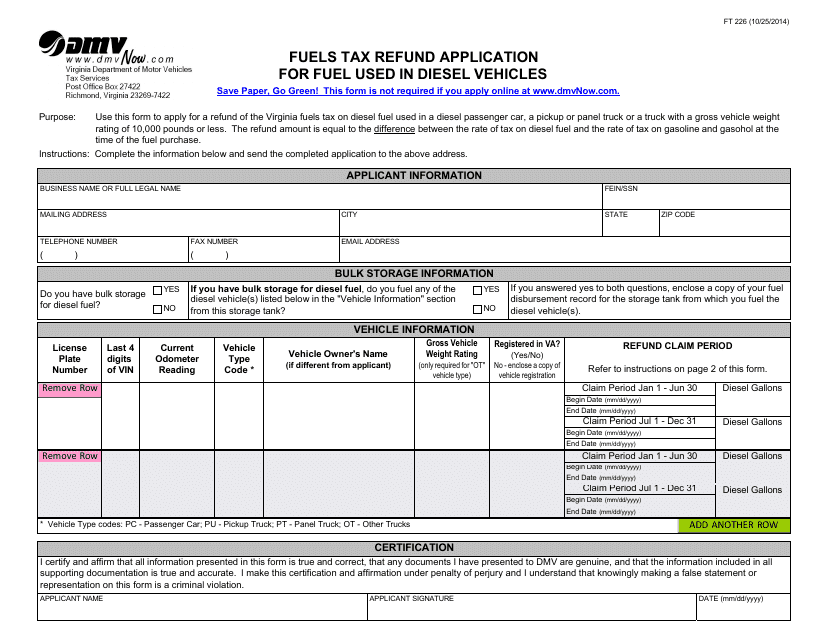 Form FT226 Fuels Tax Refund Application for Fuel Used in Diesel Vehicles - Virginia
