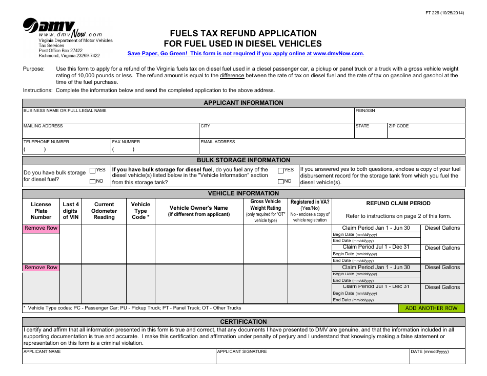 Form FT226 Fuels Tax Refund Application for Fuel Used in Diesel Vehicles - Virginia, Page 1