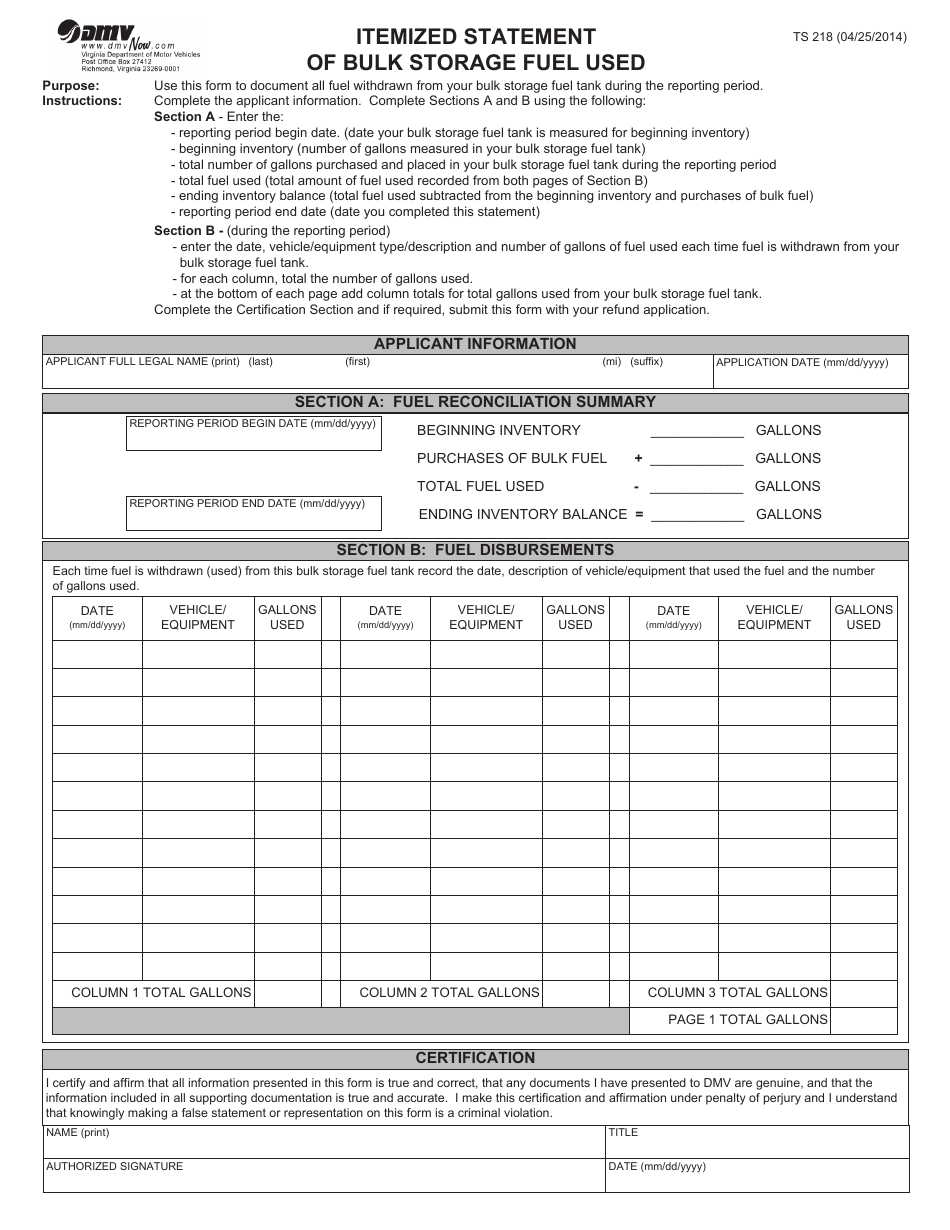 Form TS218 - Fill Out, Sign Online and Download Fillable PDF, Virginia ...