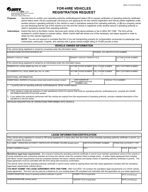 Form MCS115 For-Hire Vehicles Registration Request - Virginia