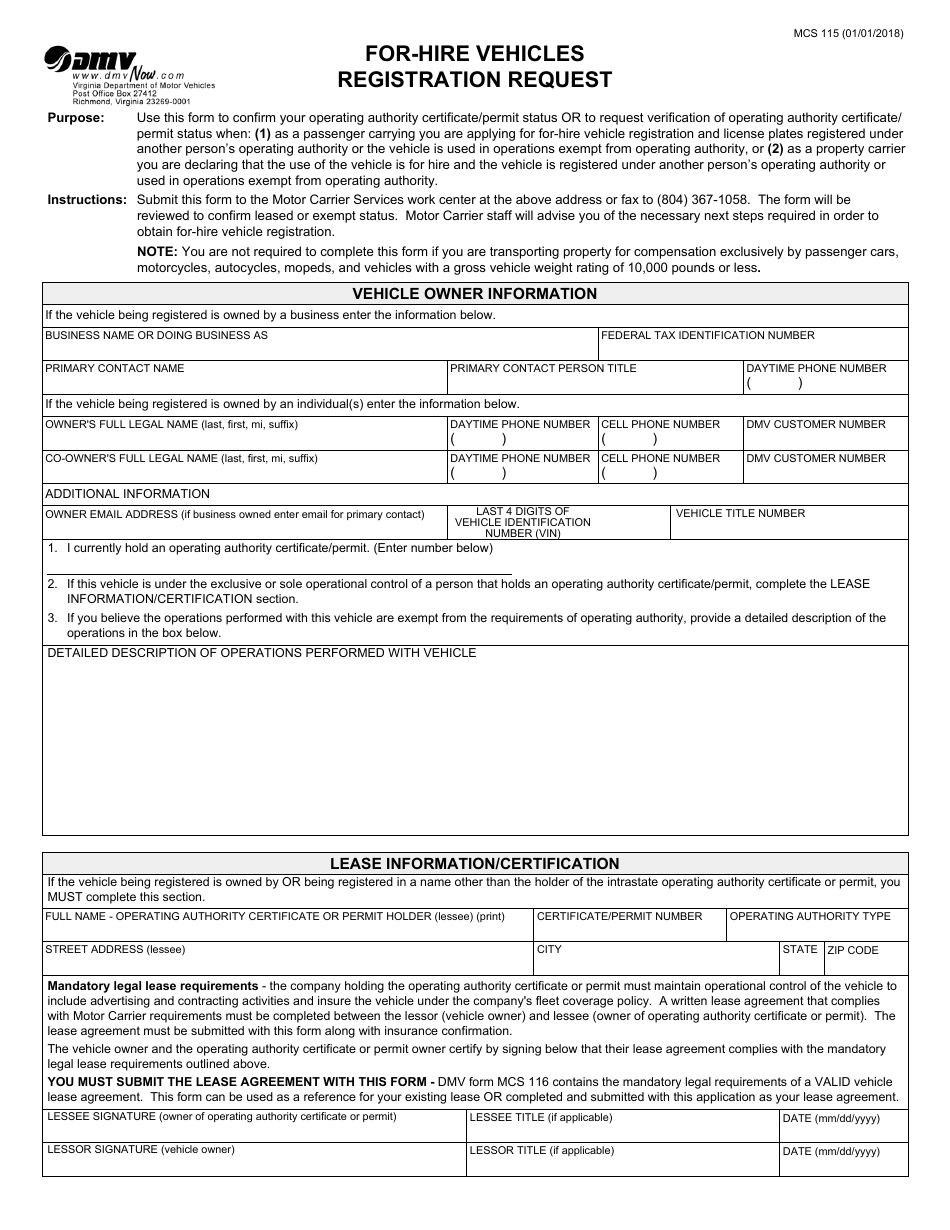 Form MCS115 For-Hire Vehicles Registration Request - Virginia, Page 1