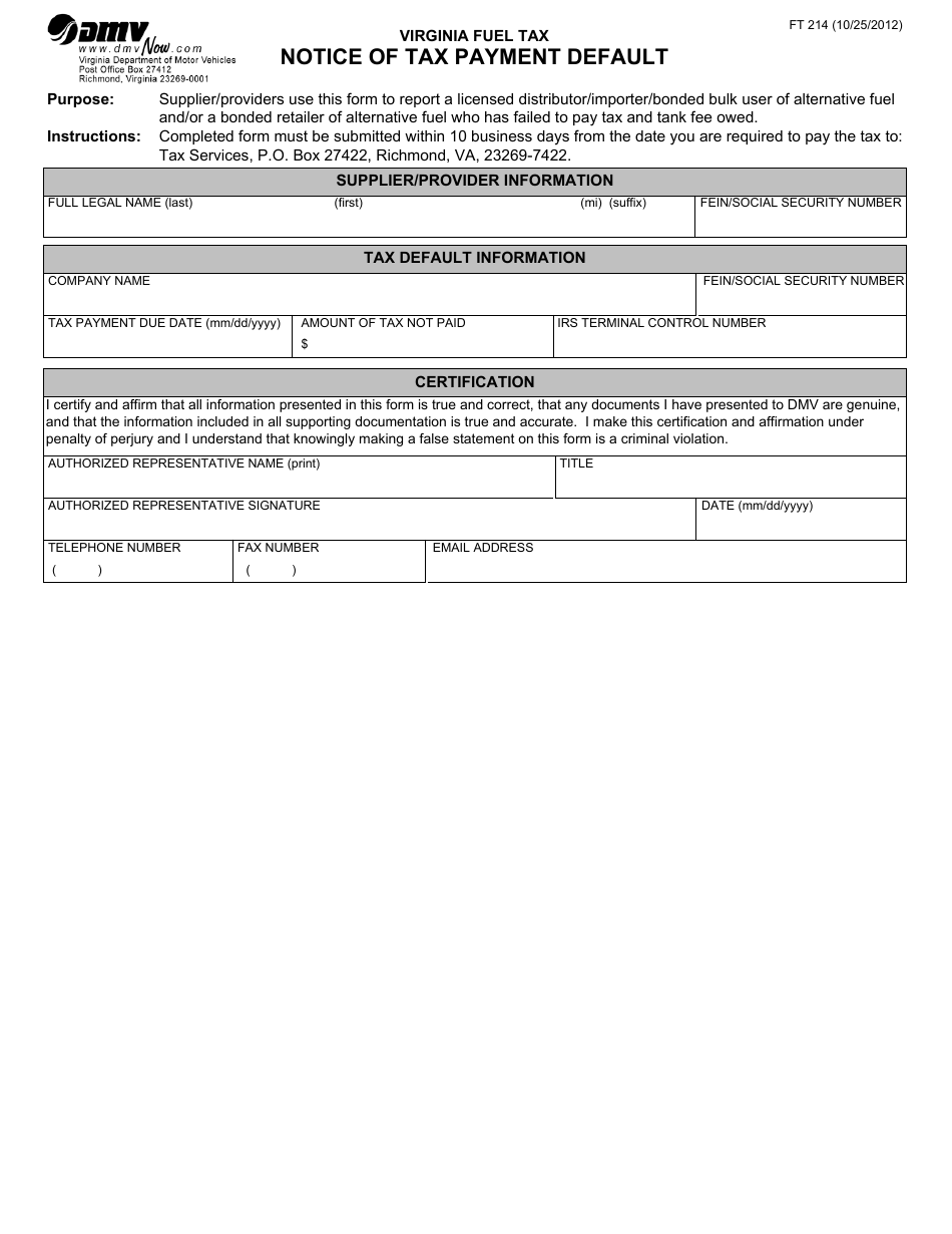 Form FT214 Notice of Tax Payment Default - Virginia, Page 1