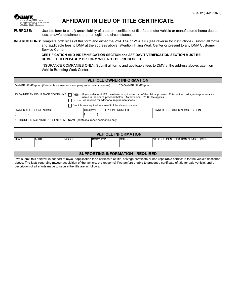 Form VSA12 Affidavit in Lieu of Title Certificate - Virginia, Page 1