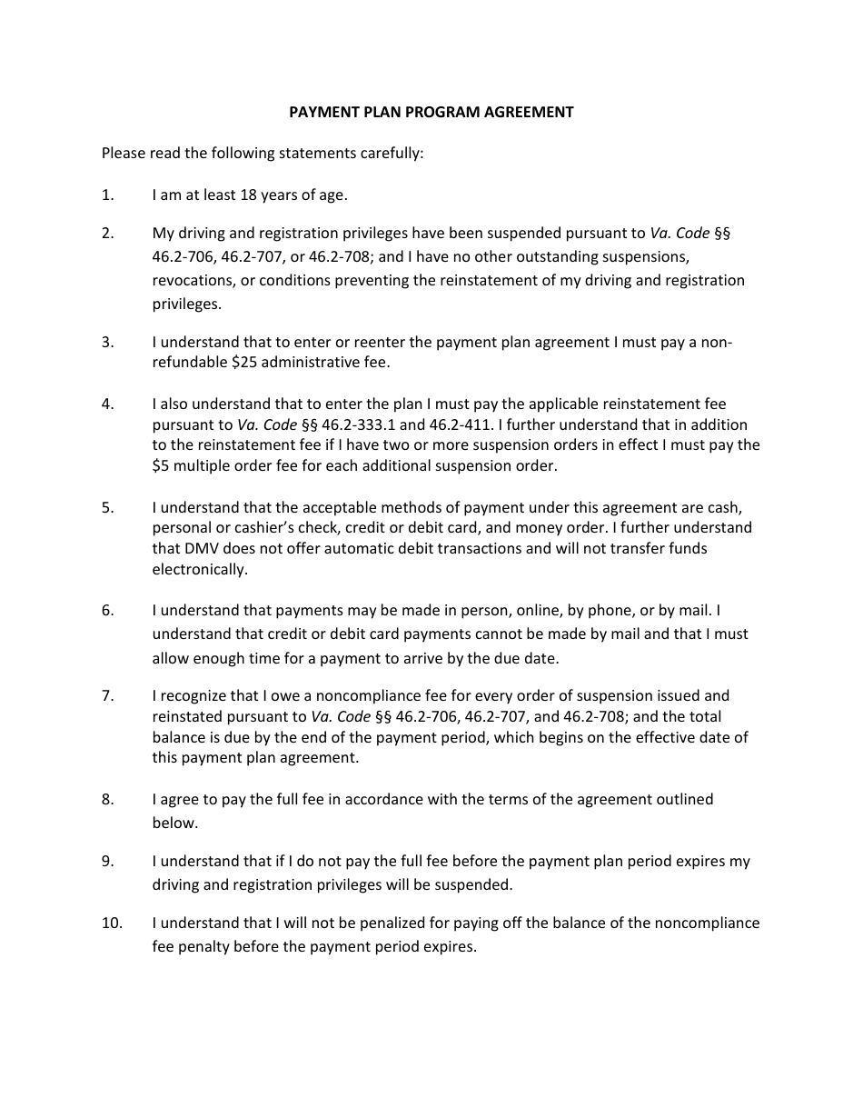 Payment Plan Program Agreement - Virginia, Page 1