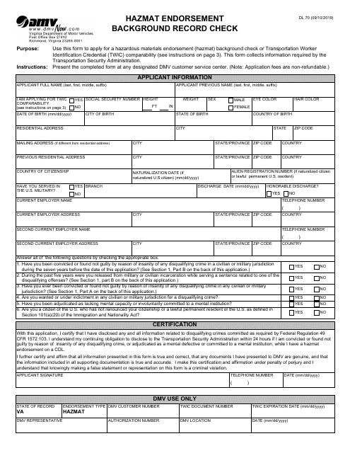 Form DL70 Hazmat Endorsement Background Record Check - Virginia