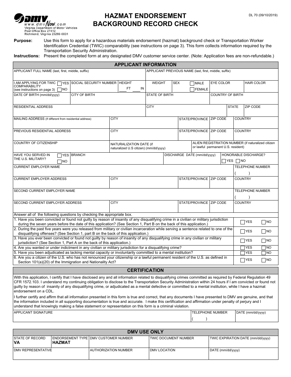 Form DL70 Hazmat Endorsement Background Record Check - Virginia, Page 1