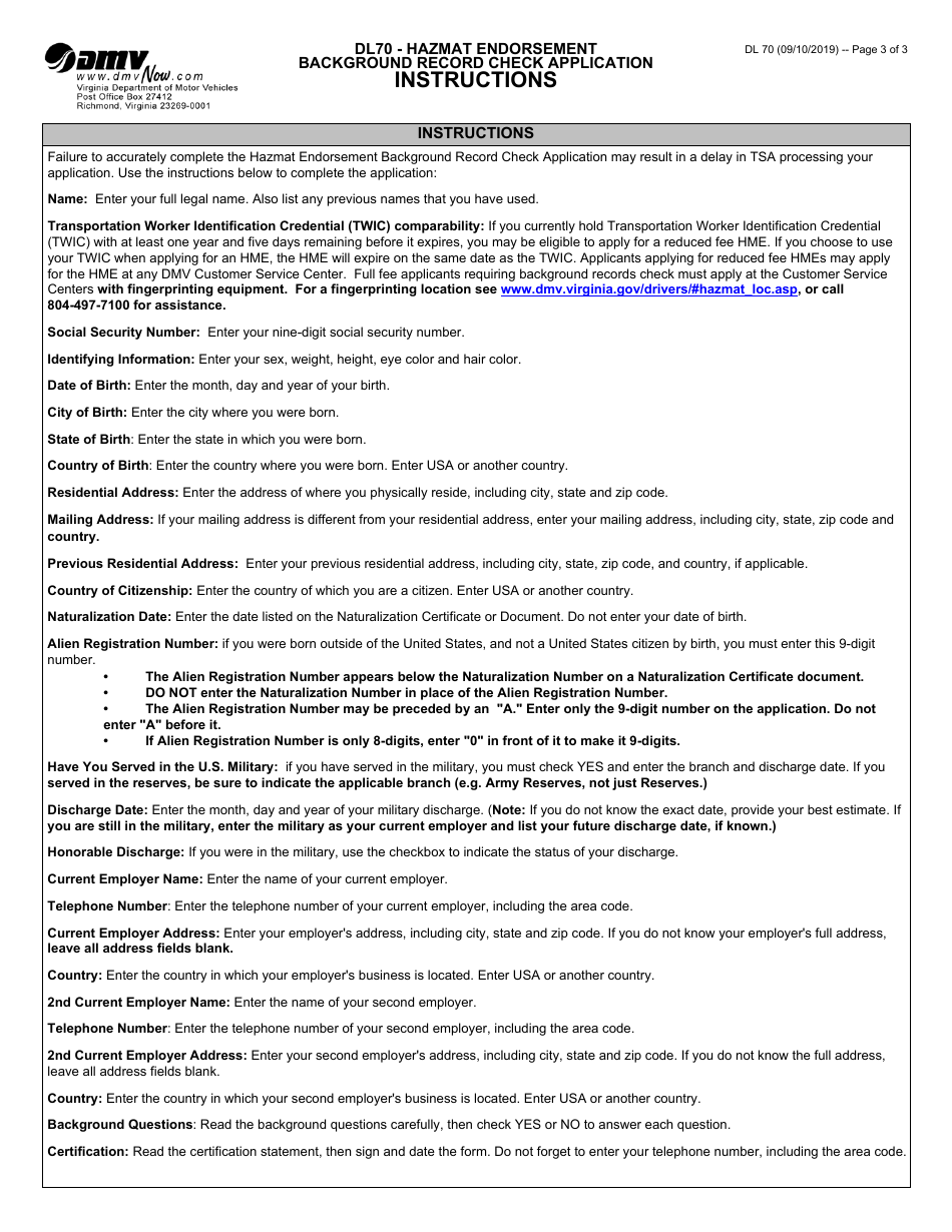 Form DL70 Hazmat Endorsement Background Record Check - Virginia, Page 3