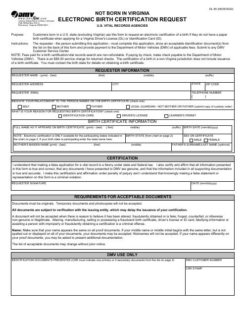 Form DL80 Electronic Birth Certification Request - Not Born in Virginia - Virginia